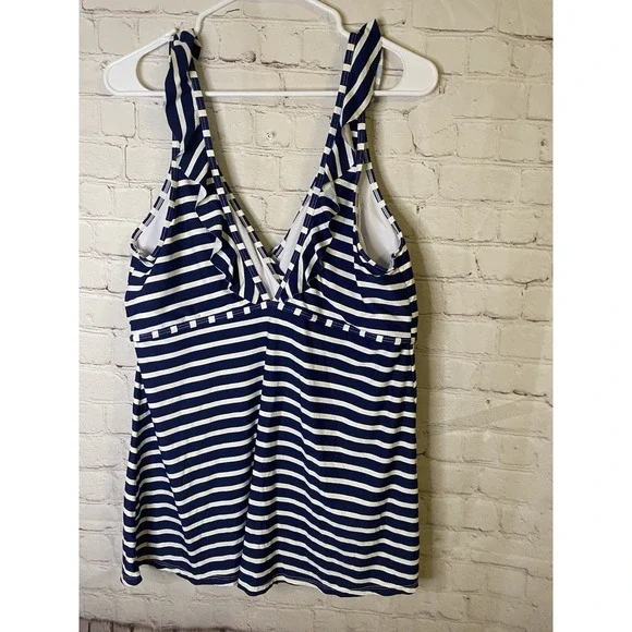 Lands End Tankini Top Halter Molded Cups Striped Navy Blue White 6 - Picture 5 of 6
